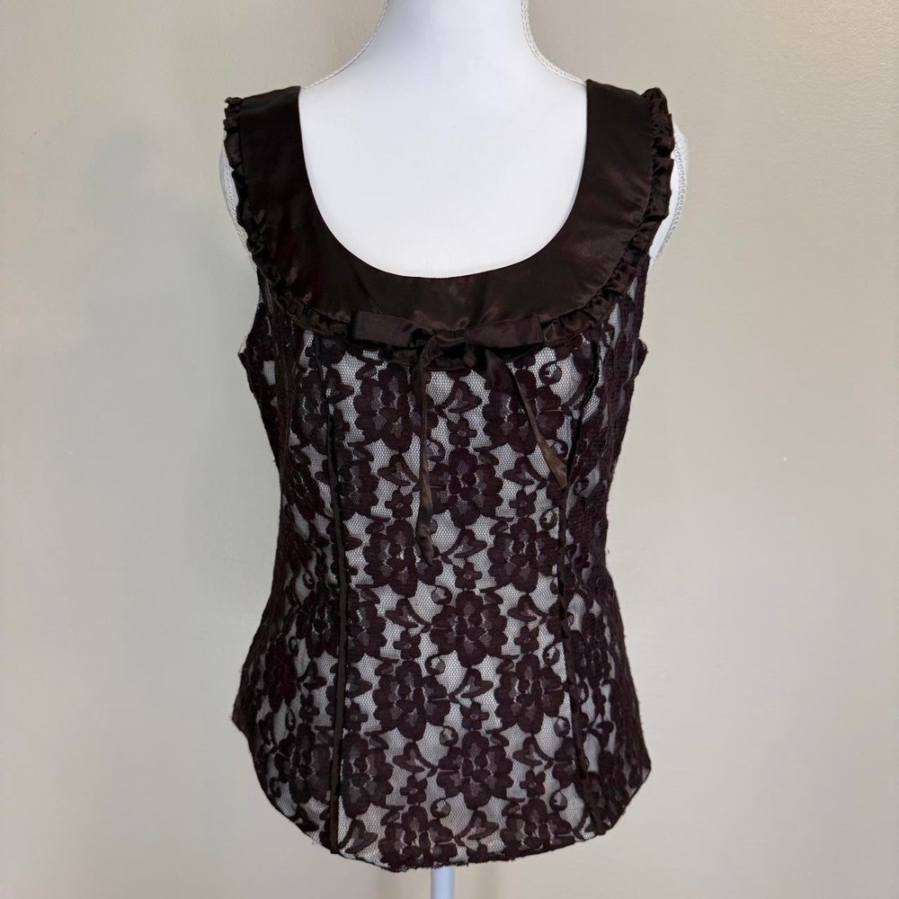 VTG Studio Y Brown Floral Lace Corset Style Blouse Womens M Coquette Victorian